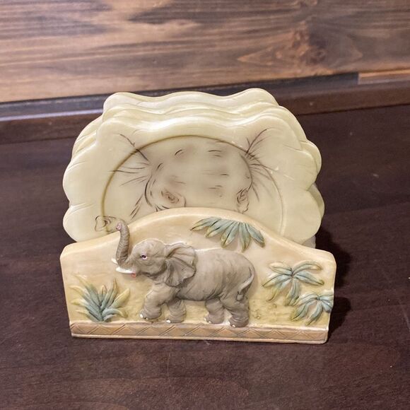 Hand painted Elephants Coaster Set of 4 and Holder - Picture 7 of 9